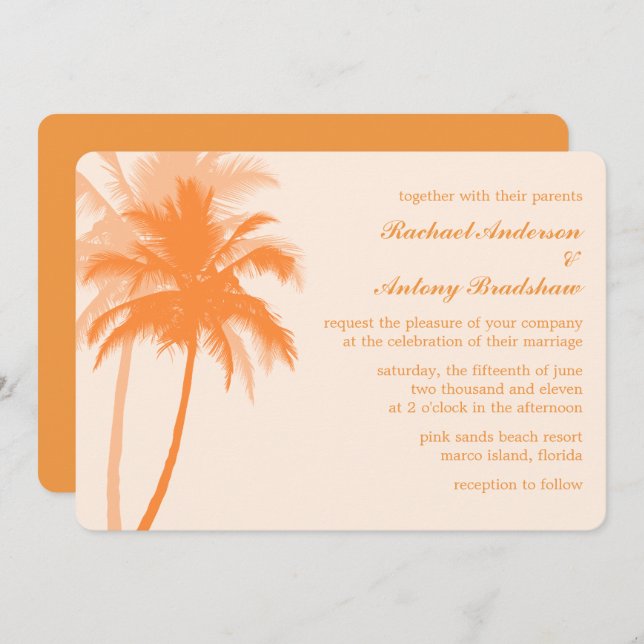 Orange Palm Trees Tropical Wedding Einladung (Vorne/Hinten)