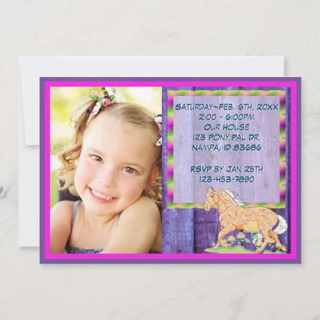 Orange Palomino Birthday (lila Holz/pic) Einladung (Rückseite)