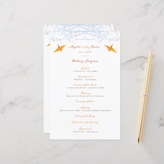 Orange Paper Cranes asiatisches Hochzeitsprogramm (Vorderseite/Rückseite Beispiel)