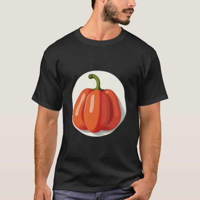 Orange Paprika Frucht im Hintergrund eines weißen  T-Shirt (Vorderseite)
