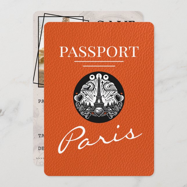 Orange Paris Passport Save the Date (Vorne/Hinten)