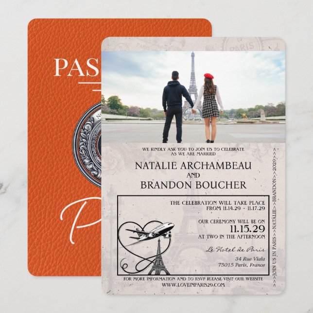 Orange Paris Passport Wedding Einladung (Vorne/Hinten)