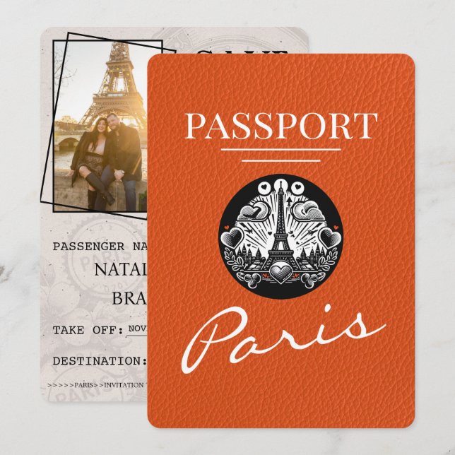 Orange Paris Reisepass Save The Date (Vorne/Hinten)