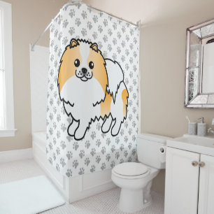 Orange Parti-Color Spitz Cartoon Dog & Paws Duschvorhang