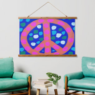 Orange Peace Sign auf Blue Wandteppich Mit Holzrahmen