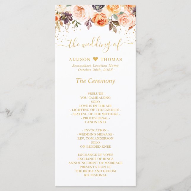Orange Peach Autumn Gold Floral Wedding Program Programm (Vorderseite)