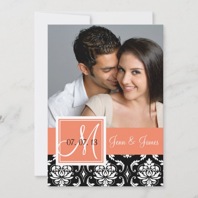 Orange Peach Black Damask Foto Save the Date (Vorderseite)