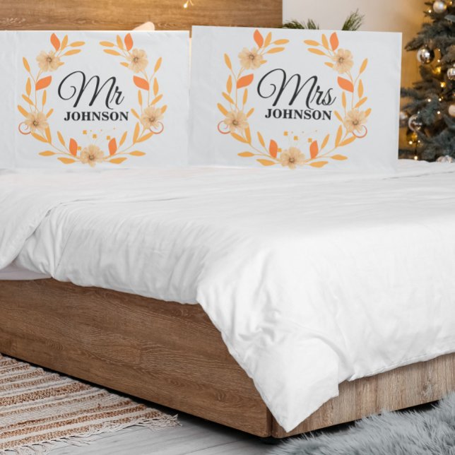 Orange Peach Floral Elegant Script Mr Pillow Case Kissenbezug (Von Creator hochgeladen)