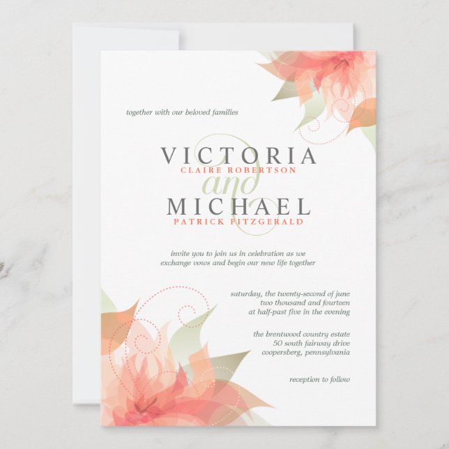 Orange Peach Floral Wedding Einladungen (Vorderseite)