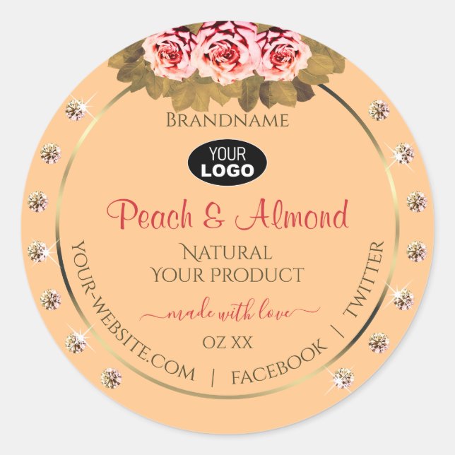 Orange Peach Product Labels Pink Roses Jewels Logo Runder Aufkleber (Vorderseite)