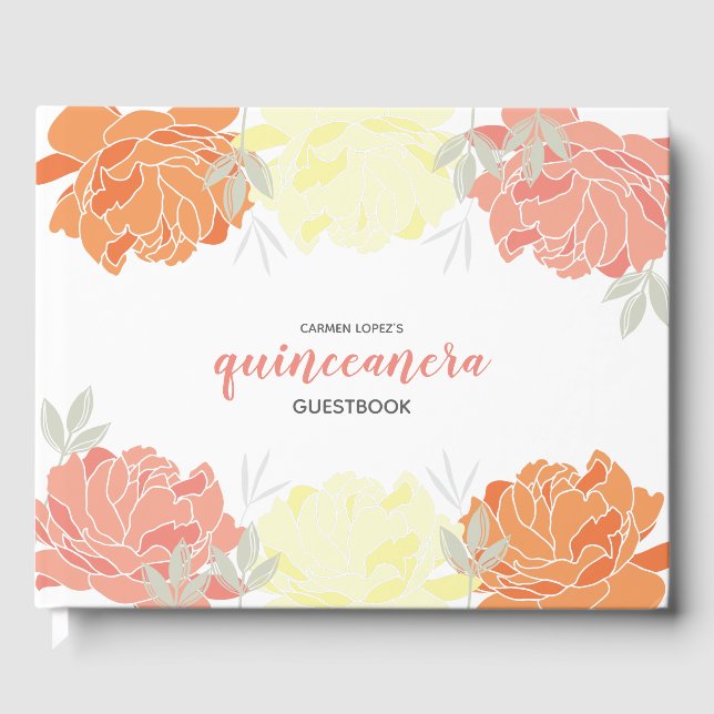 Orange Peach Yellow Peonies Quinceanera Gästebuch (Vorderseite)
