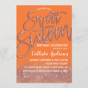 Orange Peel Rose Gold Glitzer Typografie Sweet 16 Einladung