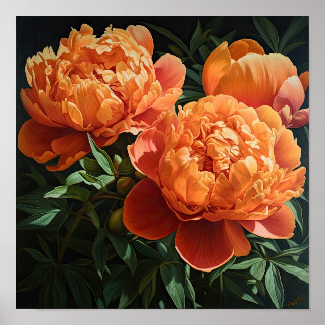 Orange Peonies Blume Art Print Poster (Vorne)
