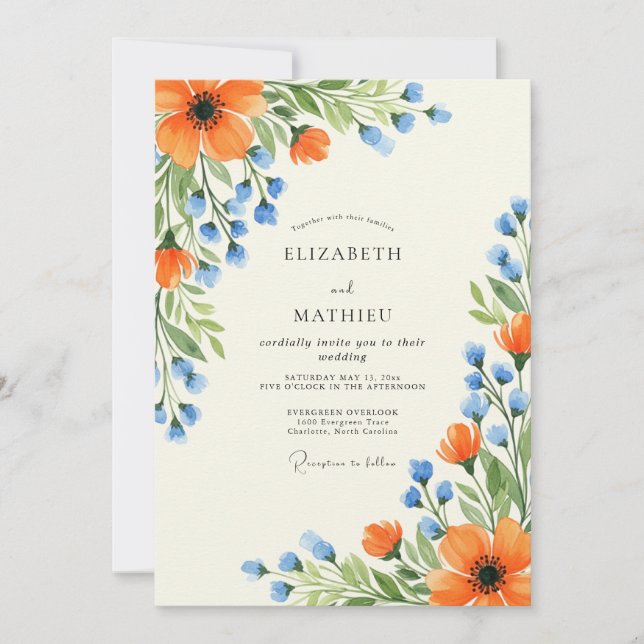 Orange Periwinkle Lush Summer Wedding Einladung (Vorderseite)