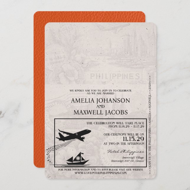 Orange Philippines Passport Wedding Einladung (Vorne/Hinten)
