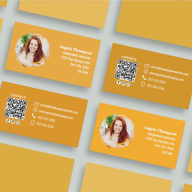 Orange Photo QR Code Social Media Visitenkarte (Modern orange business cards with photo and qr code template..)