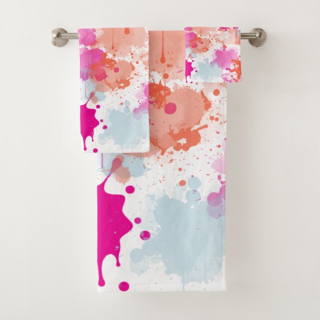 Orange Pink Blue Abstrakt Modern Paint Splash Badhandtuch Set (Insitu)