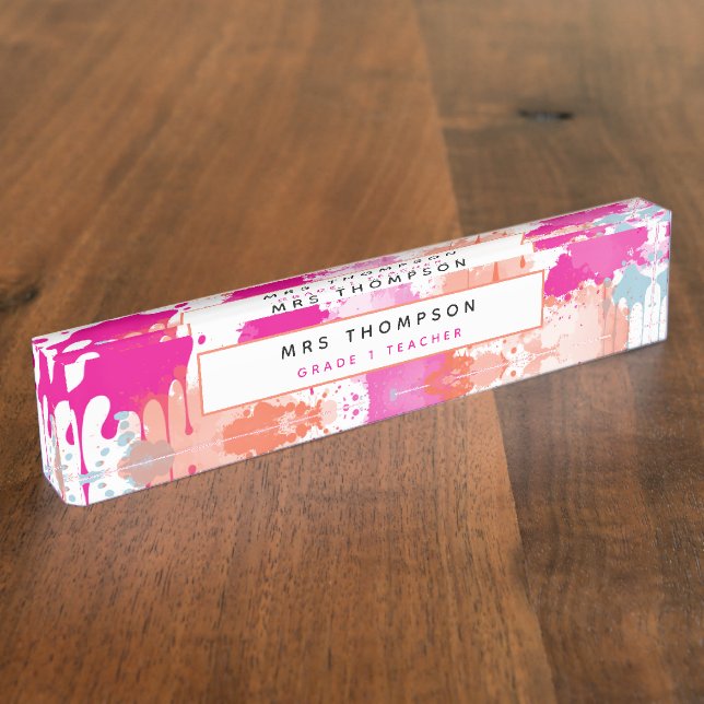 Orange Pink Blue Abstrakt Modern Paint Splash Namensplakette (Seite)