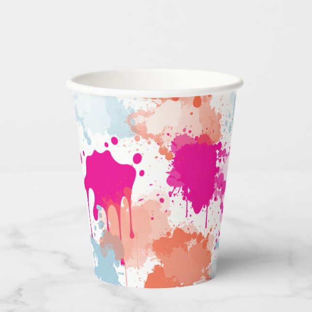 Orange Pink Blue Abstrakt Modern Paint Splash Pappbecher (Vorderseite)