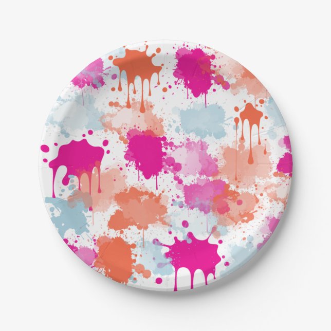 Orange Pink Blue Abstrakt Modern Paint Splash Pappteller (Vorderseite)