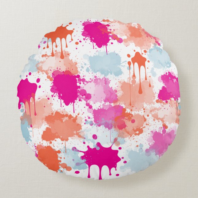 Orange Pink Blue Abstrakt Modern Paint Splash Rundes Kissen (Vorderseite)