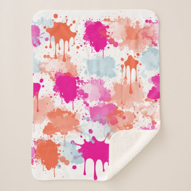 Orange Pink Blue Abstrakt Modern Paint Splash Sherpadecke (Vorderseite)