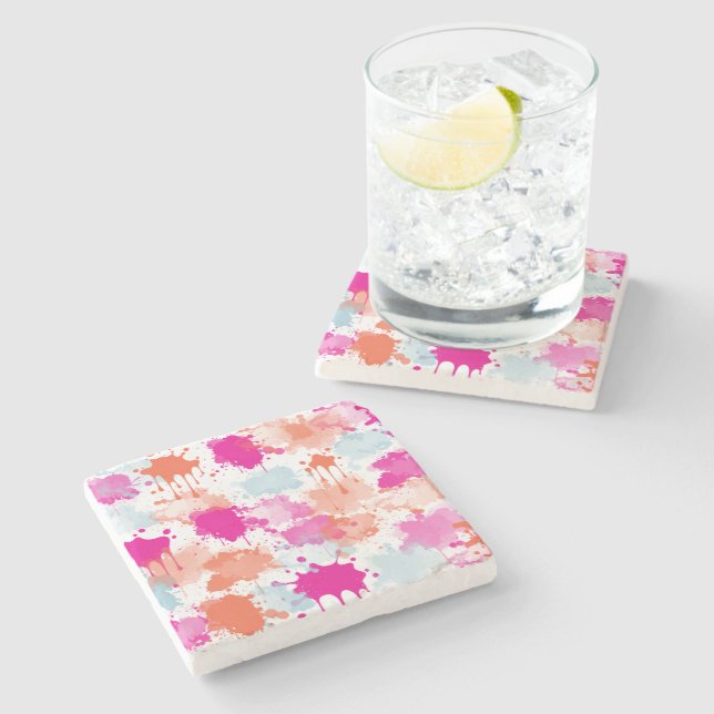 Orange Pink Blue Abstrakt Modern Paint Splash Steinuntersetzer (Seitenansicht)