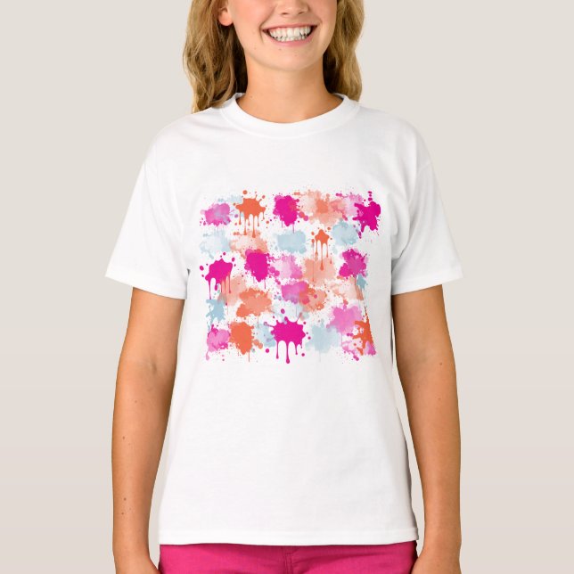 Orange Pink Blue Abstrakt Modern Paint Splash T-Shirt (Vorderseite)