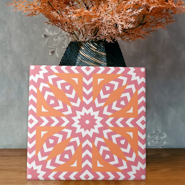 Orange & Pink Ethnic Mosaic Geometric Muster Fliese (Von Creator hochgeladen)