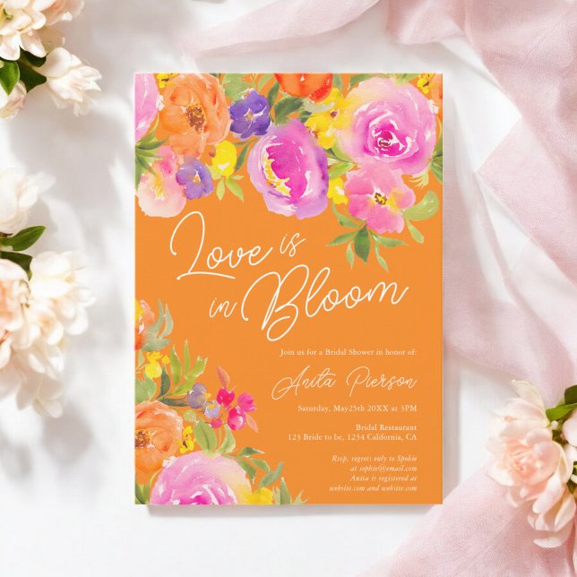 Orange Pink Fett florales Brautparty Einladung (Orange Pink Bold floral watercolor bridal shower Invitation)