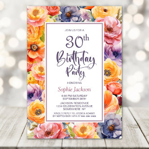 Orange Pink Floral 30. Geburtstag Party Einladung