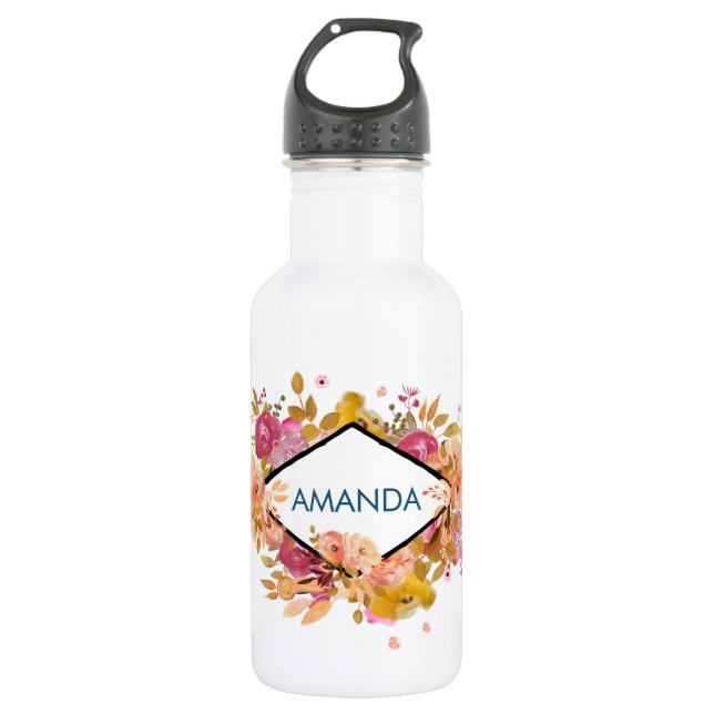 Orange & Pink Floral Bouquet mit Diamantrahmen Edelstahlflasche (Vorderseite)