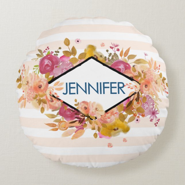 Orange & Pink Floral Bouquet mit Diamantrahmen Rundes Kissen (Vorderseite)