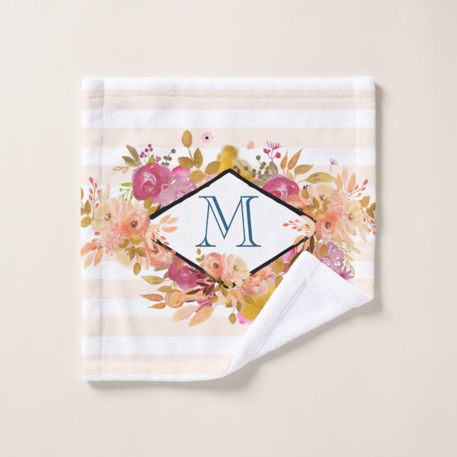 Orange & Pink Floral Bouquet Monogram Badhandtuch Set (Waschlappen)