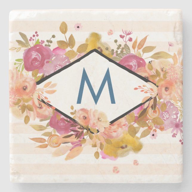 Orange & Pink Floral Bouquet Monogram Steinuntersetzer (Vorderseite)