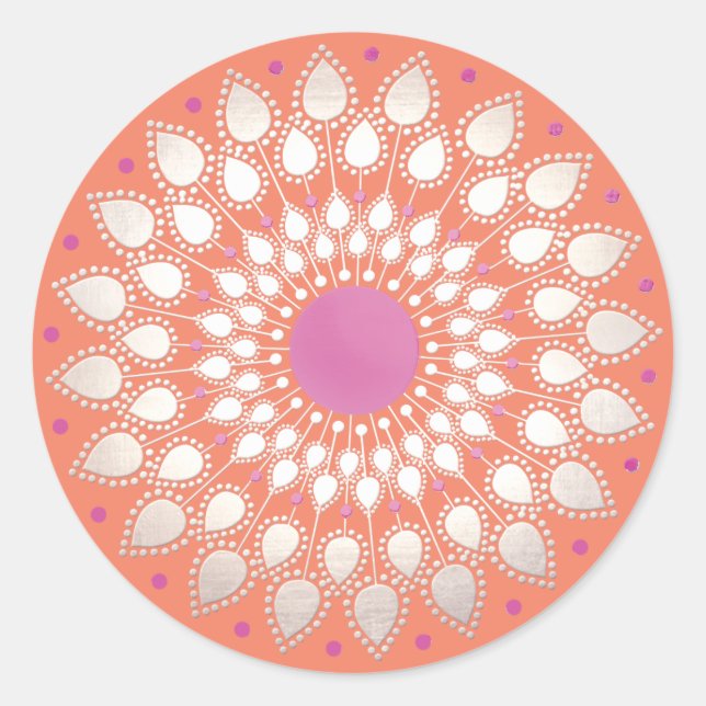 Orange Pink Floral Lotus Mandala Blume Runder Aufkleber (Vorderseite)