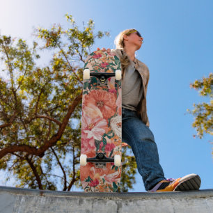 Orange Pink Floral Muster Skateboard
