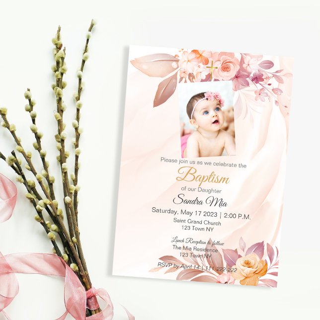 Orange Pink Floral Taufen Einladung (Orange Pink Floral Baptism
Invite)