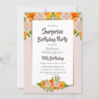 Orange Pink Floral Überraschung 18. Geburtstag Einladung