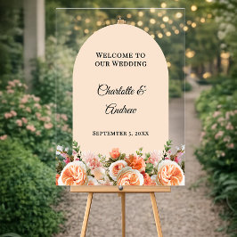 Orange pink florals arch clear wedding welcome acrylschild