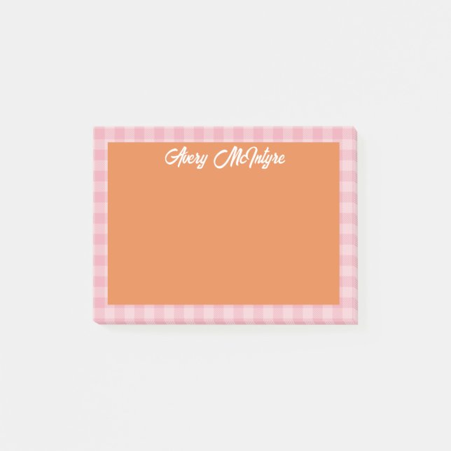 Orange Pink Gingham Border Name In Cool Script Post-it Klebezettel (Vorderseite)
