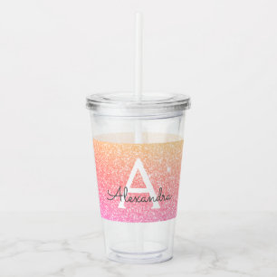 Orange Pink Glitzer & Sparkle Monogram Birthday Acryltrinkbecher