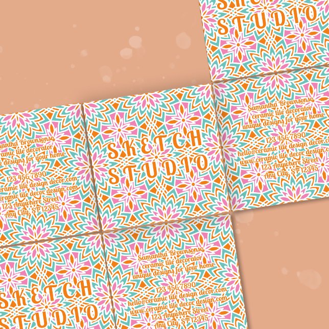 Orange Pink Green Tile Rainbow Emboss Quadratische Visitenkarte (Orange Pink Green Tile Rainbow Emboss Square Business Card)