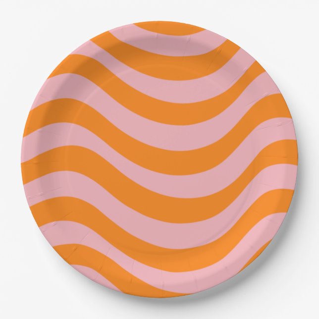 Orange Pink Groovy Retro Abstrakt Wave Y2K Muster Pappteller (Vorderseite)