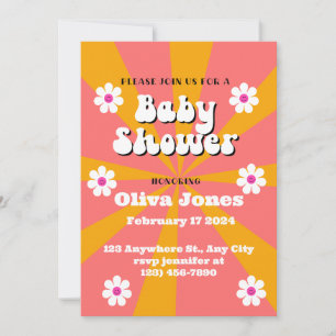 Orange & Pink Groovy Retro Baby Dusche Save The Date