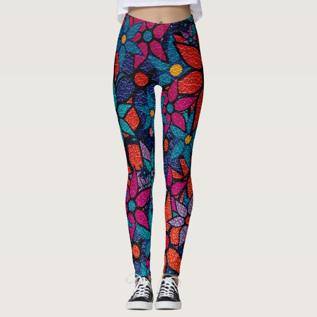 Orange Pink Lila Türkis Floral Leggings (Vorderseite)