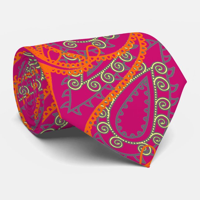 Orange Pink Paisley Peacock Colors Wedding Krawatt Krawatte (Gerollt)