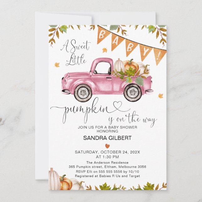 Orange Pink Pumpkin Truck mit Herz-Baby-Dusche Einladung (Vorderseite)