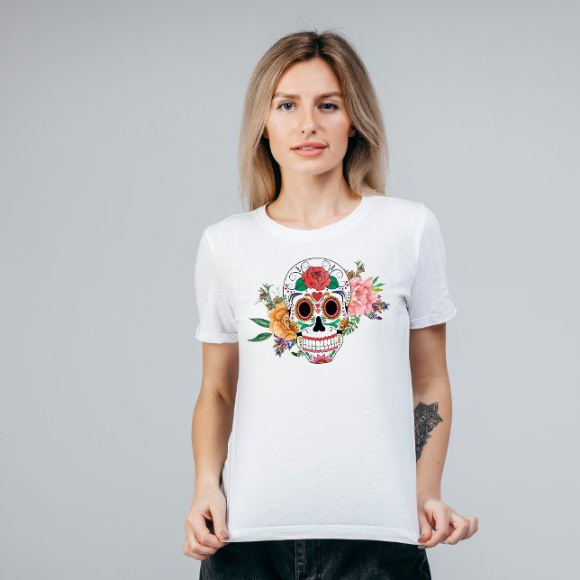 Orange Pink Rose Blumenzucker Schädel T-Shirt (Von Creator hochgeladen)