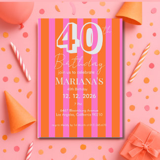 Orange Pink Streifen Modern 40. Geburtstag Einladung
